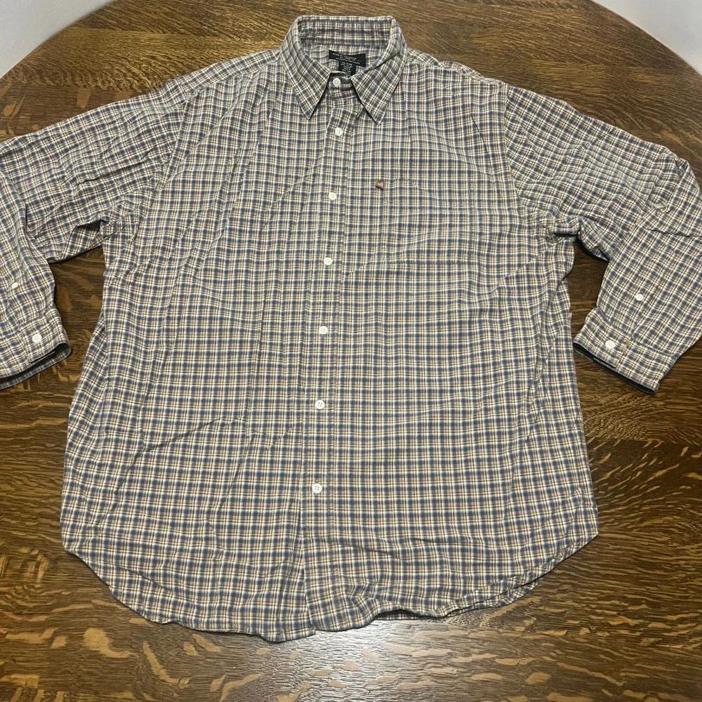 Ralph Lauren Polo Jeans Co Shirt Mens XL Blue Tan Plaid Cotton Button Down